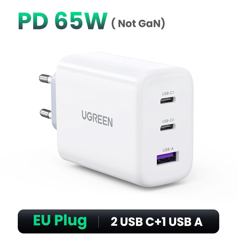 شاحن UGREEN GaN بقوة 65 وات بتقنية الشحن السريع 4.0 3.0 USB C لأجهزة iPhone 16 15 14 Pro Max والكمبيوتر المحمول وMacbook Air والكمبيوتر اللوحي وشاحن PD السريع