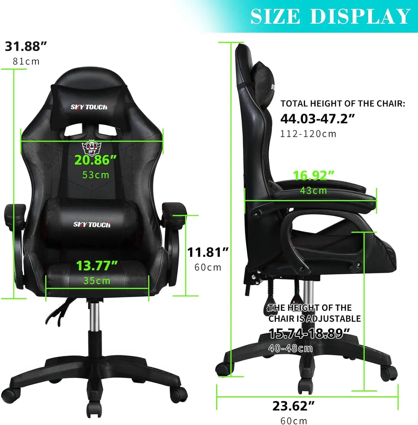 Gaming chair Adjustable Computer chair Pc office Pu Leather HighBack, Ergonomic Lumbar Support,Armrest  Pillow，Black