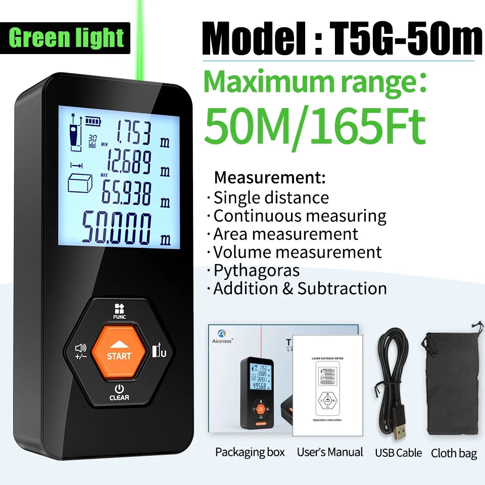 جهاز قياس المسافات الرقمي Aicevoos Green Light Laser Rangemometer 50M70M100M120M بشعاع ليزر أخضر شريط قياس ليزر Trena Roulette