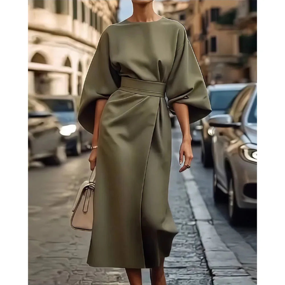 Spring Autumn Fashion OL Dress Women Elegant Solid Round Neck Flared Sleeves High Waist Straight Tube Long Dress Women 2025 New