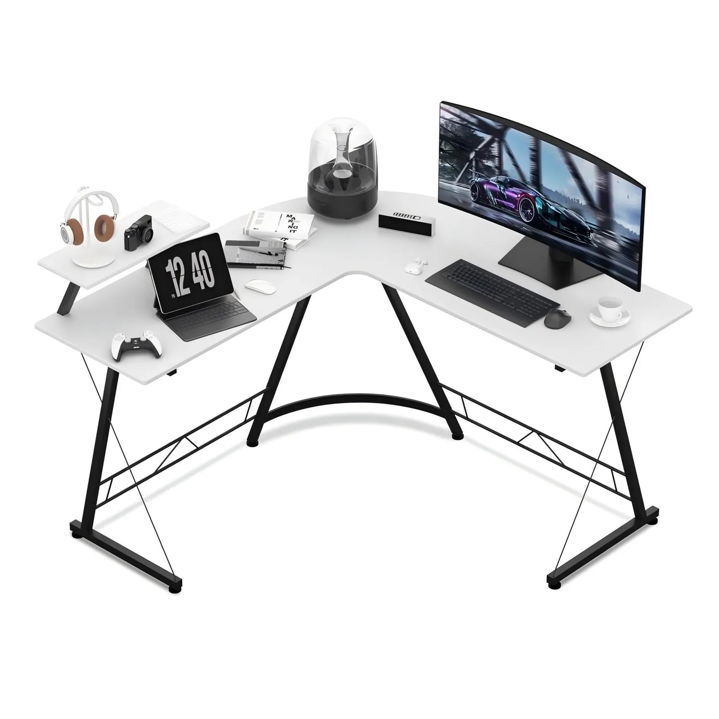 L Shaped Desk，Gaming Desk Large Monitor Stand Corner Study Writing Workstation White 129 * 129 * 74 cm