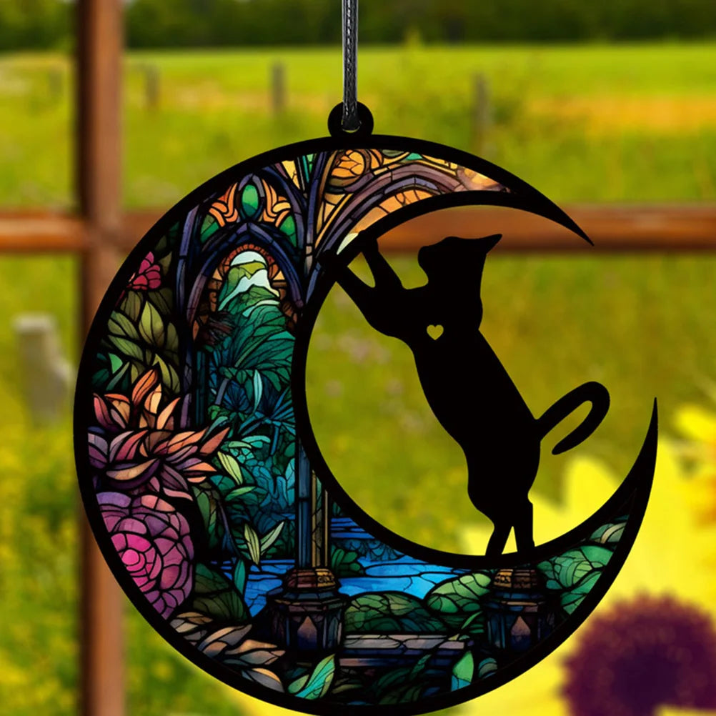 Cat Wall Hanging Acrylic Window Decor Moon Ornament Sculpture Crafts Pendant Decoration