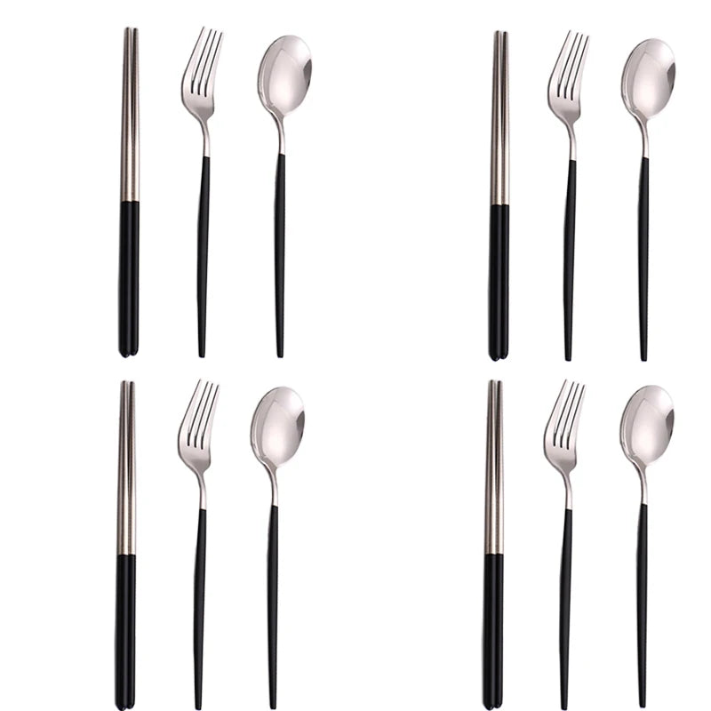 12-16 Pcs Black Gold Cutlery Set Chopsticks Knife Fork Spoon Golden Stainless Steel Korean Dinnerware Set Luxury Tableware Set