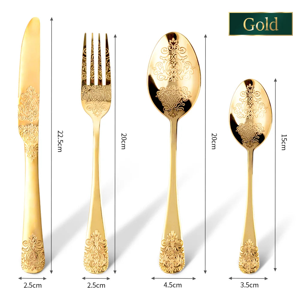 1/2/4/8/24 Pcs Gold Luxury Cutlery Sets Fork Spoon Knife Silverware Kit Vintage Carved Tableware Set European Dinnerware