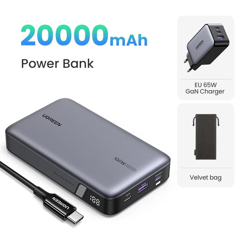 UGREEN 100W 20000mAh Power Bank Portable PD Fast Charging PowerBank for iPhone 15 Laptop Notebook  Fast Charge External Battery