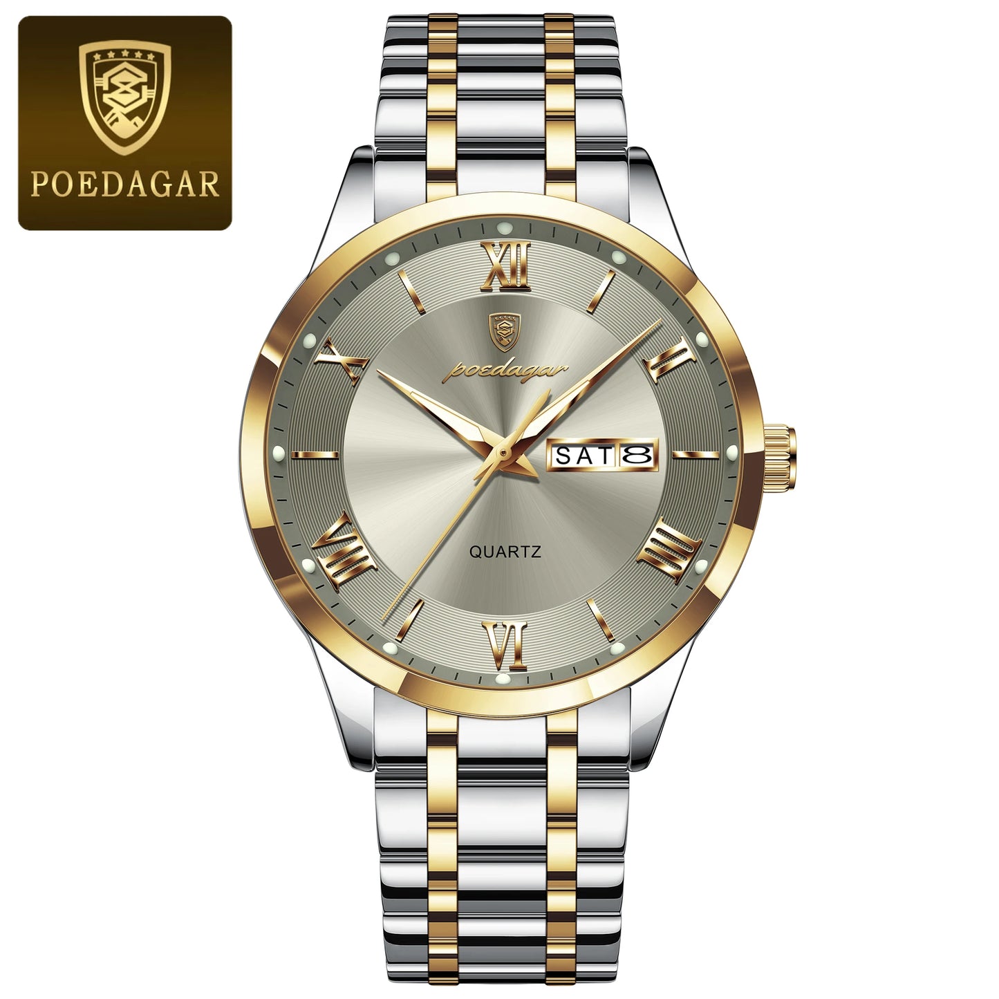 POEDAGAR Luxury Fashion Men Clock Waterproof Luminous Date Week Man Wristwatch Sports Stainless Steel Quartz Men's Watches Reloj