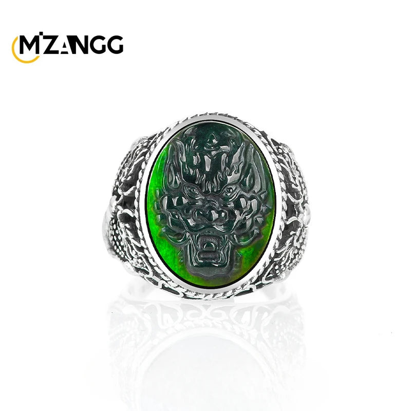 S925 Silver Inlaid with Natural JadeiteDragon Head Ring Exquisite Fashion Adjustable Ink Jadeite Vintage Finger Ring Men's Gifts