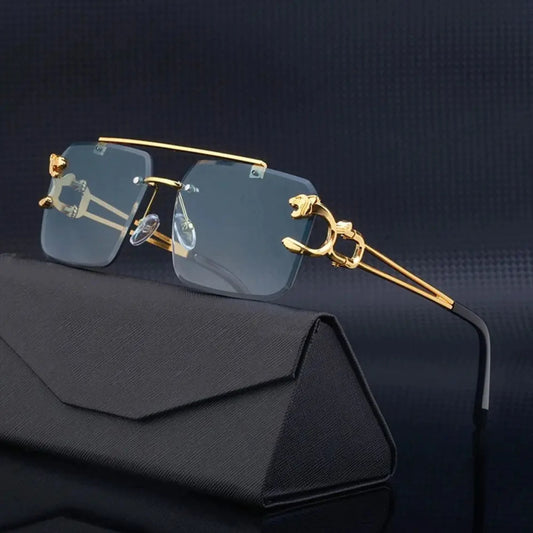 Retro Cheetah Decoration Rimless Sunglasses  Women Men Metal Steampunk Sun Glasses Frameless Fashion Shades UV400 Eyewear Gafas