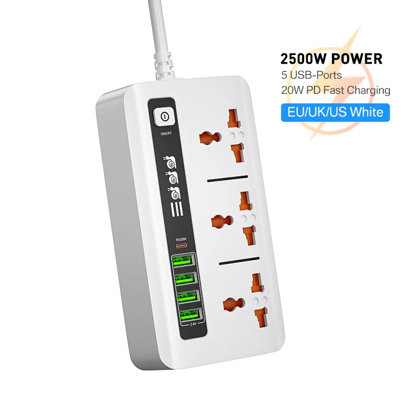 6 Port USB Charger With 6 AC Outlets 3000W Power Strip, PD 20W QC3.0 Quick Charge Type C Charging Station For iPhone 13 12 11 X