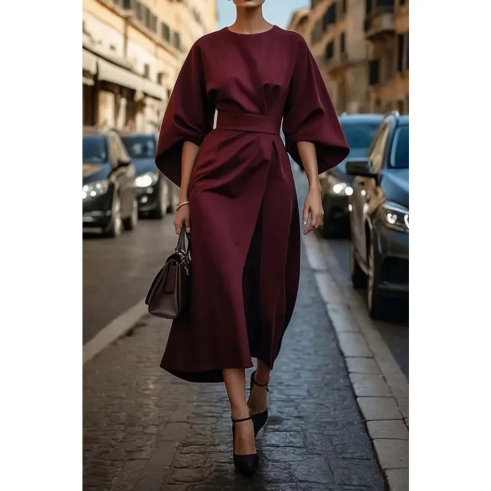 Spring Autumn Fashion OL Dress Women Elegant Solid Round Neck Flared Sleeves High Waist Straight Tube Long Dress Women 2025 New