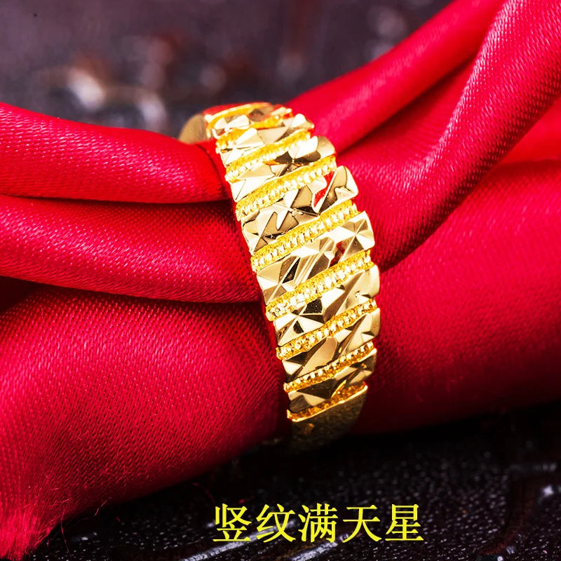 UMQ 24K Pure Plated Real 18k Yellow Gold 999 24k Plain Smooth Face Personality Money Seeking Couple Ring for Men and Women Coupl