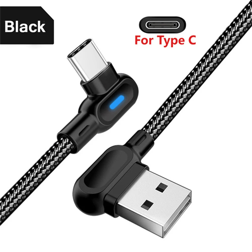 كابل USB من النوع C مزود بإضاءة LED بزاوية 90 درجة وشحن سريع لهاتف iPhone 14 13 Pro Max وSamsung وXiaomi وHuawei وكابل بيانات الشاحن