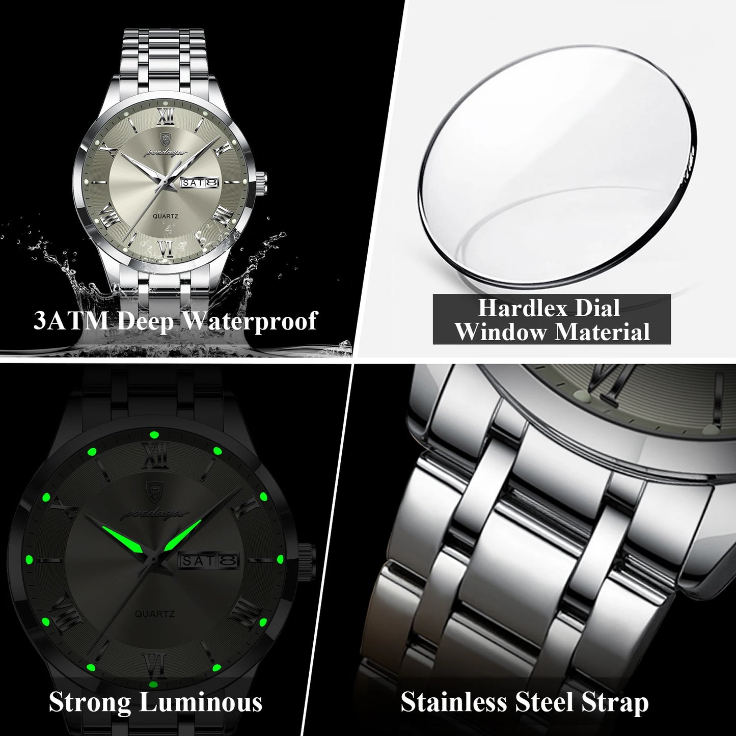 POEDAGAR Luxury Fashion Men Clock Waterproof Luminous Date Week Man Wristwatch Sports Stainless Steel Quartz Men's Watches Reloj