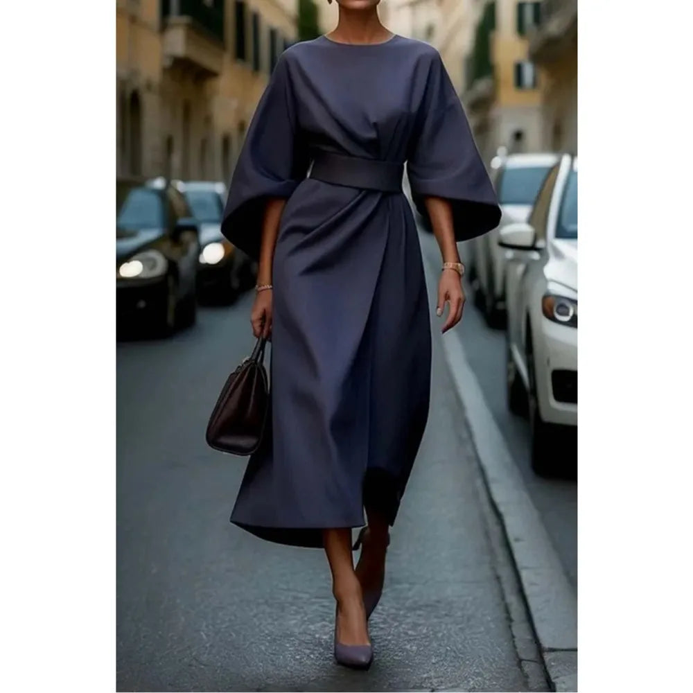 Spring Autumn Fashion OL Dress Women Elegant Solid Round Neck Flared Sleeves High Waist Straight Tube Long Dress Women 2025 New