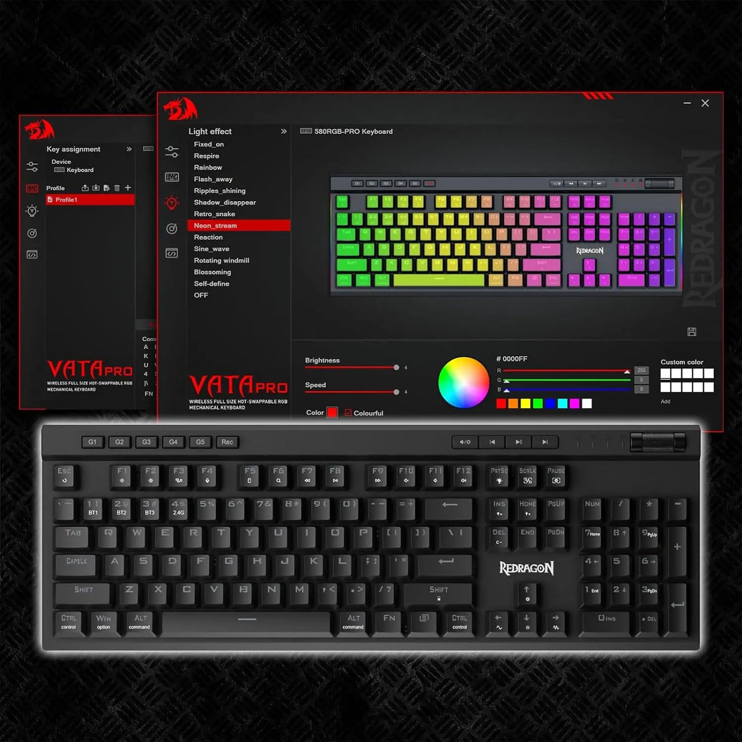 Redragon K580 PRO Wireless RGB Gaming Keyboard, 3-Modes 104 Keys Mechanical Keyboard Hot-Swap Socket, Linear Red Switch