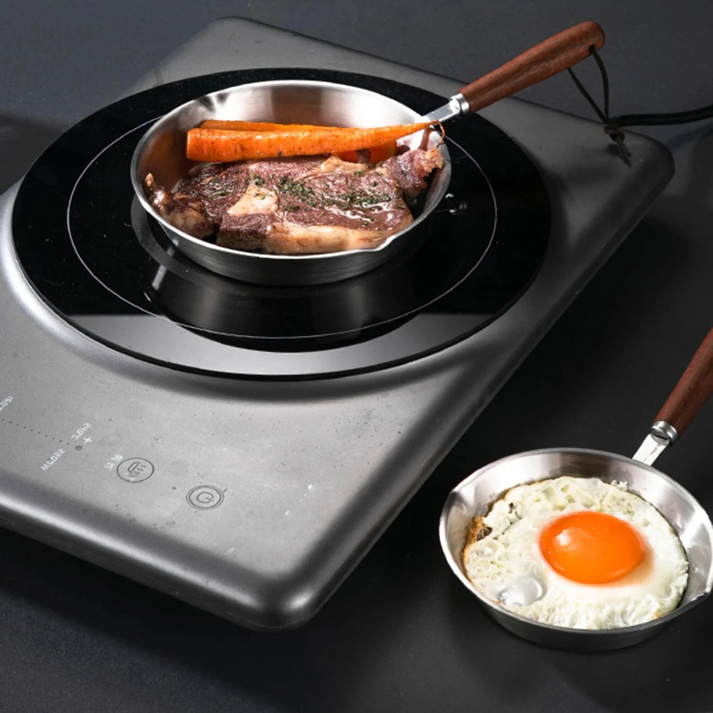 Wooden Handle Stainless Steel Kitchen Cookware Set - Nonstick Frying Pan, Butter Warmer, Egg Pot - Suitable for All Stovetops