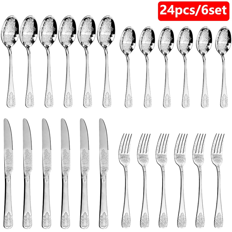 1/2/4/8/24 Pcs Gold Luxury Cutlery Sets Fork Spoon Knife Silverware Kit Vintage Carved Tableware Set European Dinnerware