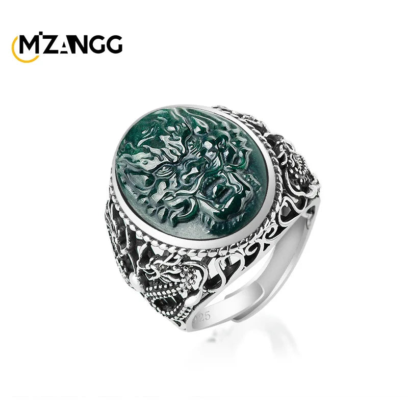 S925 Silver Inlaid with Natural JadeiteDragon Head Ring Exquisite Fashion Adjustable Ink Jadeite Vintage Finger Ring Men's Gifts