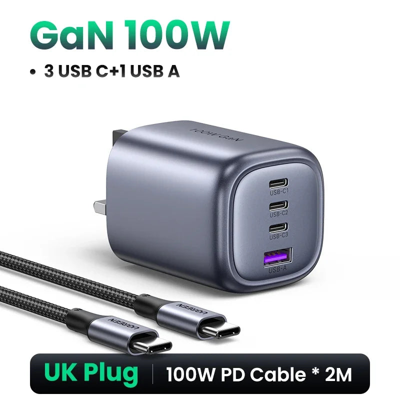 شاحن UGREEN UK Plug GaN 100W 65W سريع QC 4.0 3.0 لجهاز Macbook Air Tablet iPhone 16 15 14 Pro Max Xiaomi USB Type C PD Charger