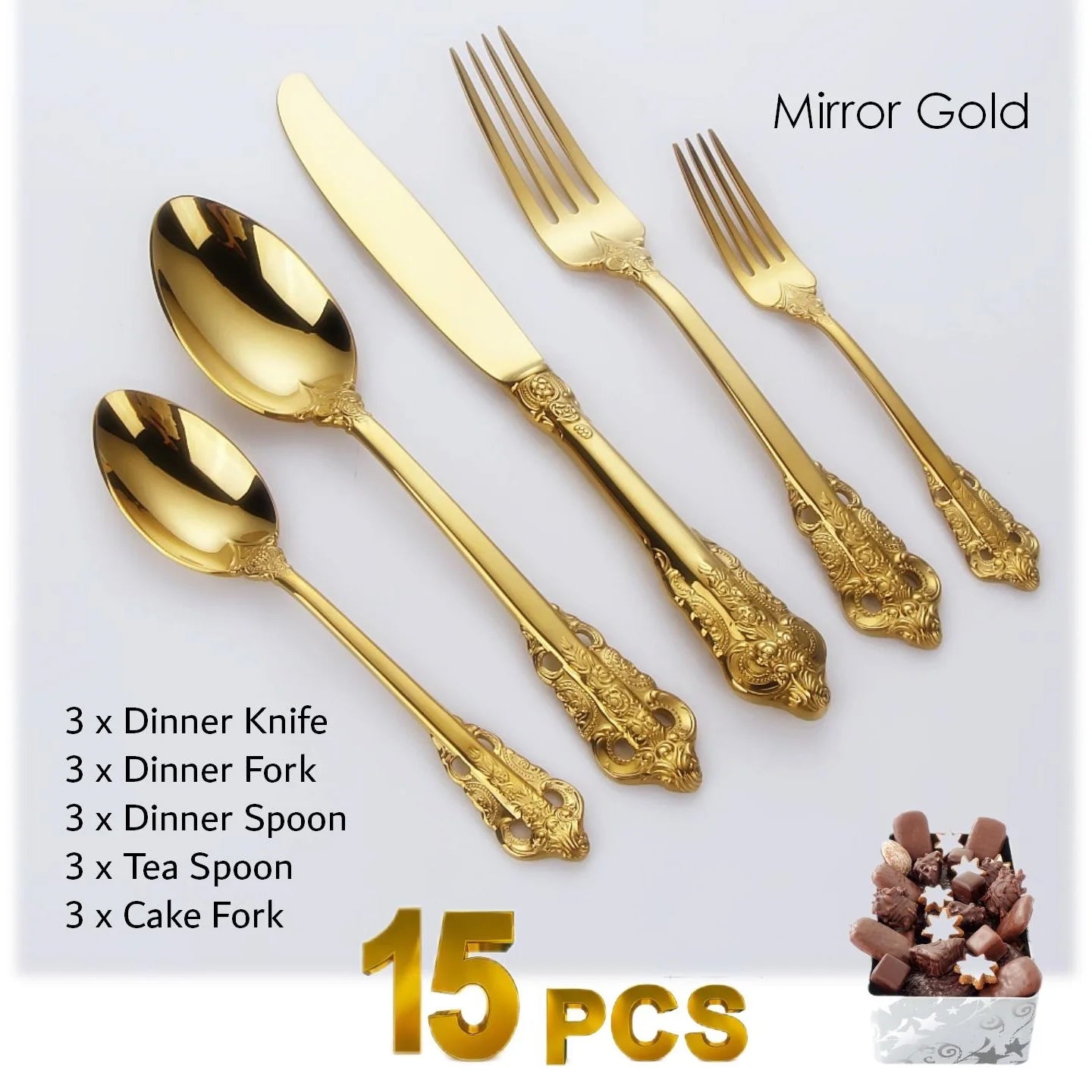 Gorgeous Gold-Plated Cutlery Set 5/10/15/20/25/30 PCS Luxury Stainless Steel Flatware Set Baroque Hollow Handle Dinner Knife