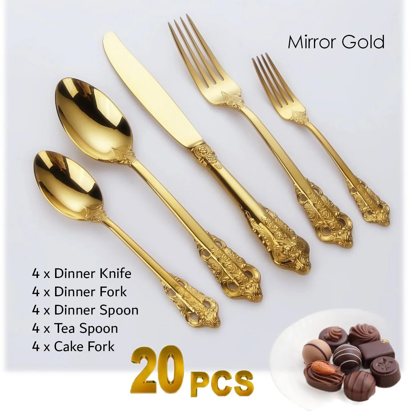 Gorgeous Gold-Plated Cutlery Set 5/10/15/20/25/30 PCS Luxury Stainless Steel Flatware Set Baroque Hollow Handle Dinner Knife