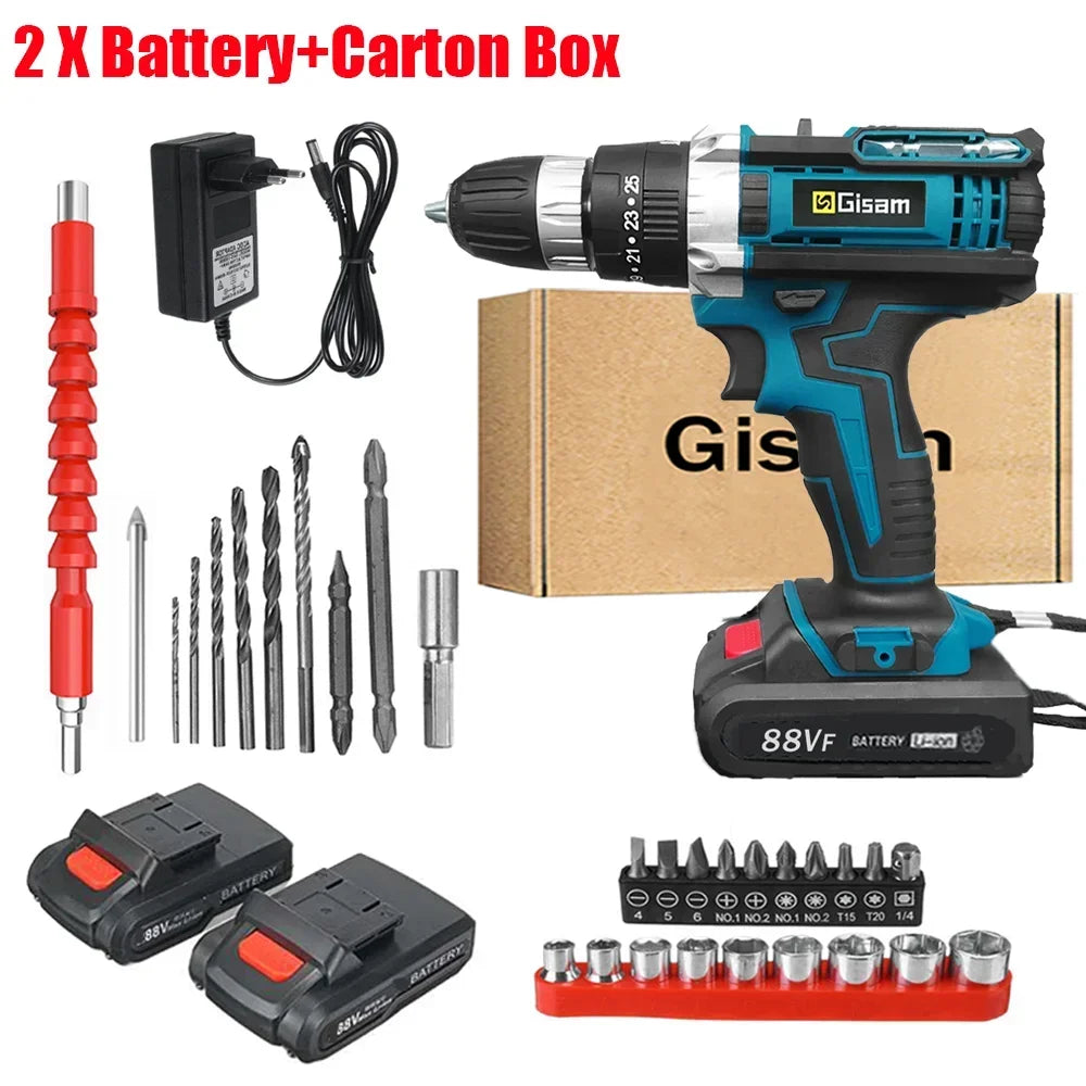 25+3 Torque Battery Impact Screwdriver Cordless Drill Household Power Tool Setting 2 Gear Speed Electric Screwdriver