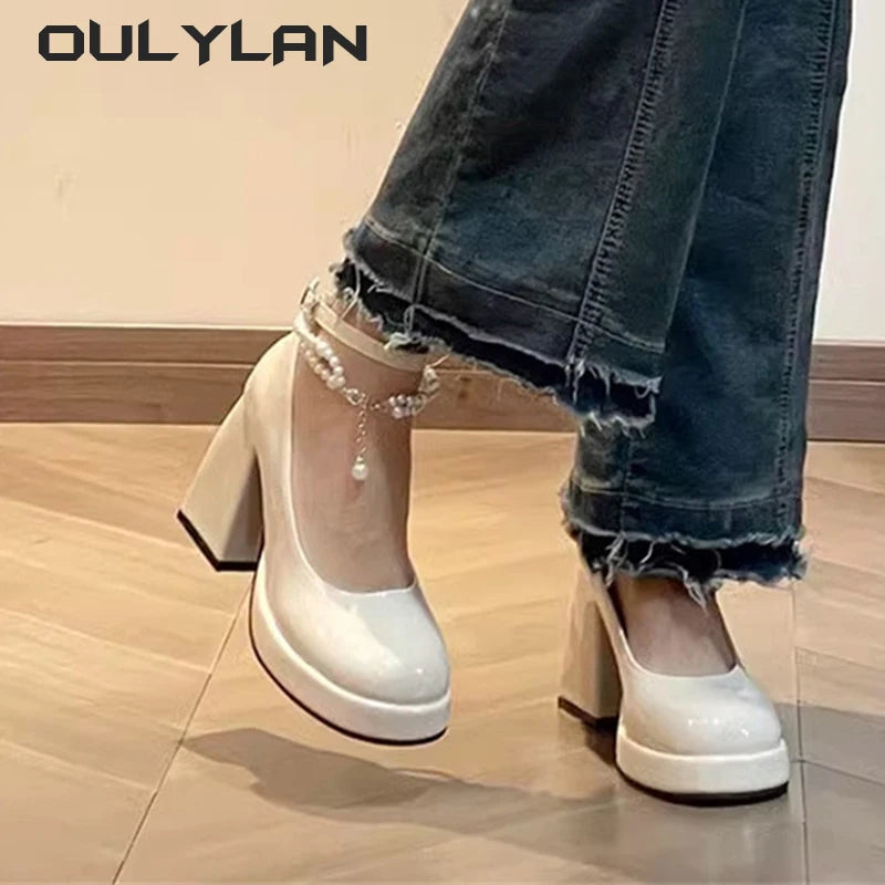 Oulylan New Ladies High Heels Elegant Toe Black High Heels Fashion Thick Heel Wedding Party Pearl Lace Wedding Shoe