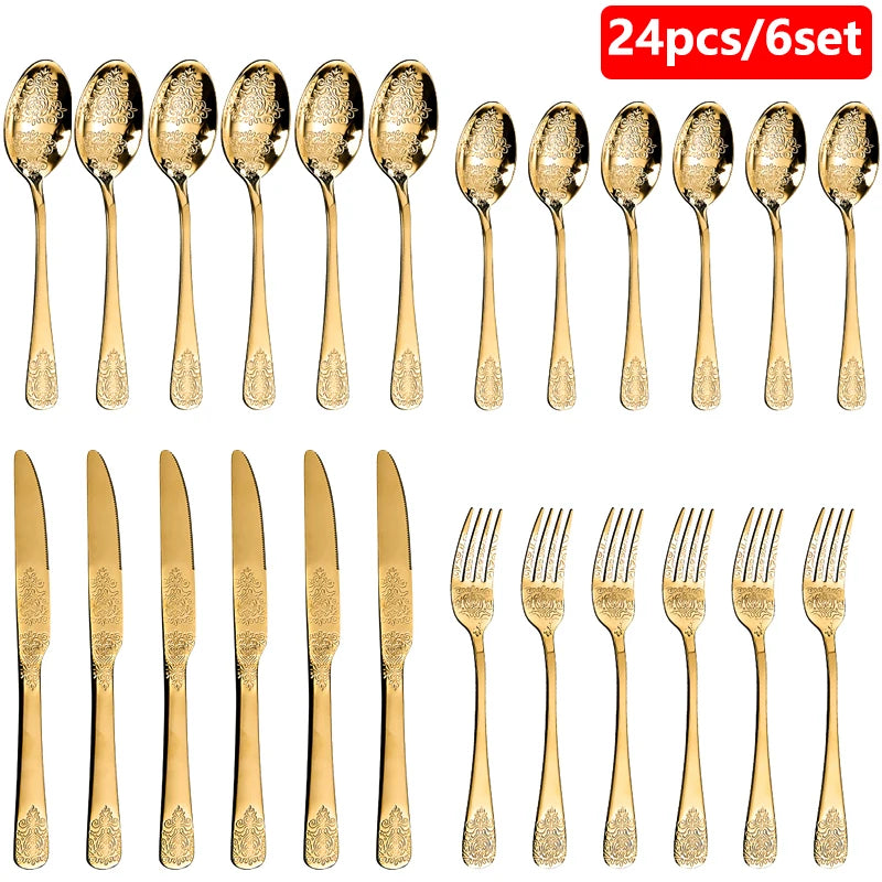 1/2/4/8/24 Pcs Gold Luxury Cutlery Sets Fork Spoon Knife Silverware Kit Vintage Carved Tableware Set European Dinnerware