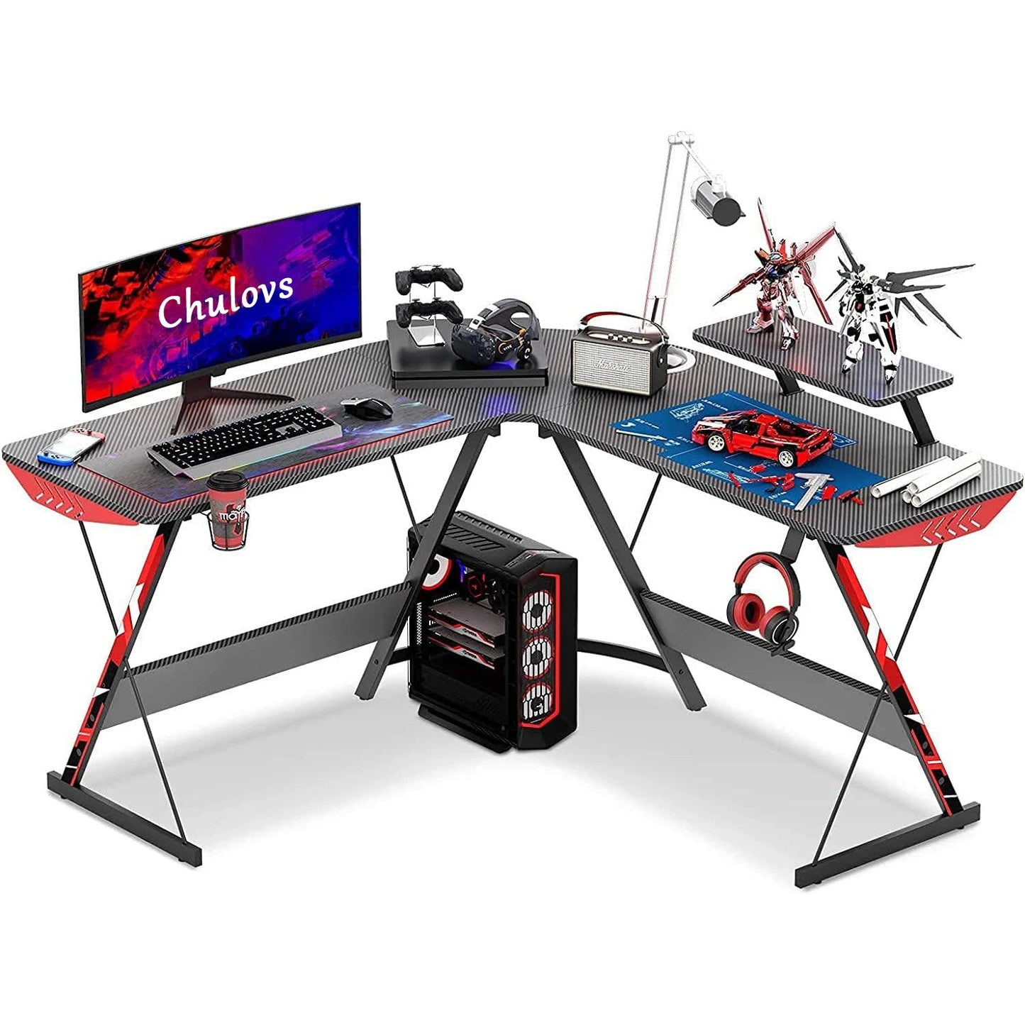 Chulovs L Shaped Gaming Desk 130cm L Shaped Desk, Carbon Fiber, Computer Corner Desk with Large Monitor Riser Stand for Home Off