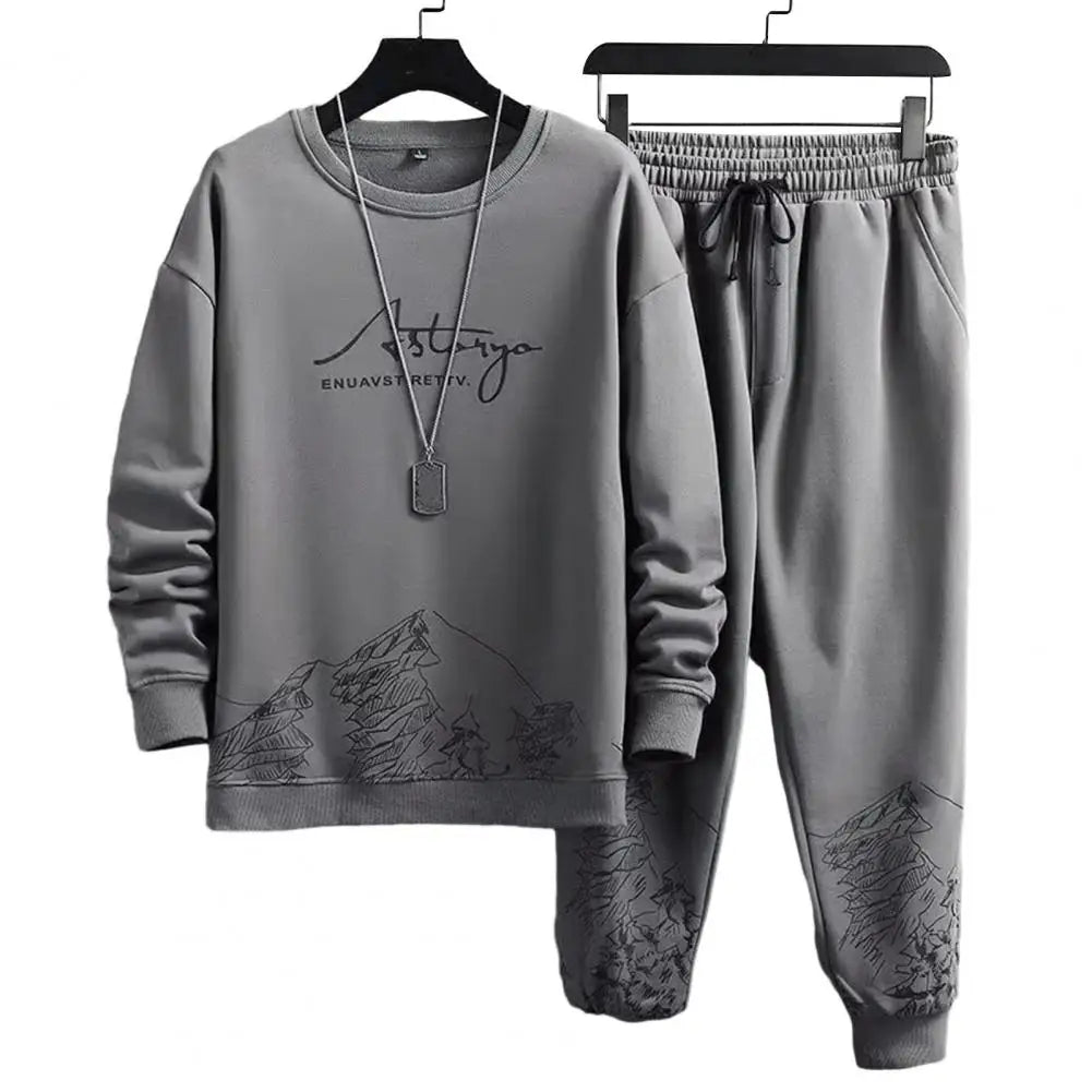 Comfortable Men Track Suit Men's Mountain Print Tracksuit Set with O-neck Sweatshirt Drawstring Jogger Pants for Autumn Winter