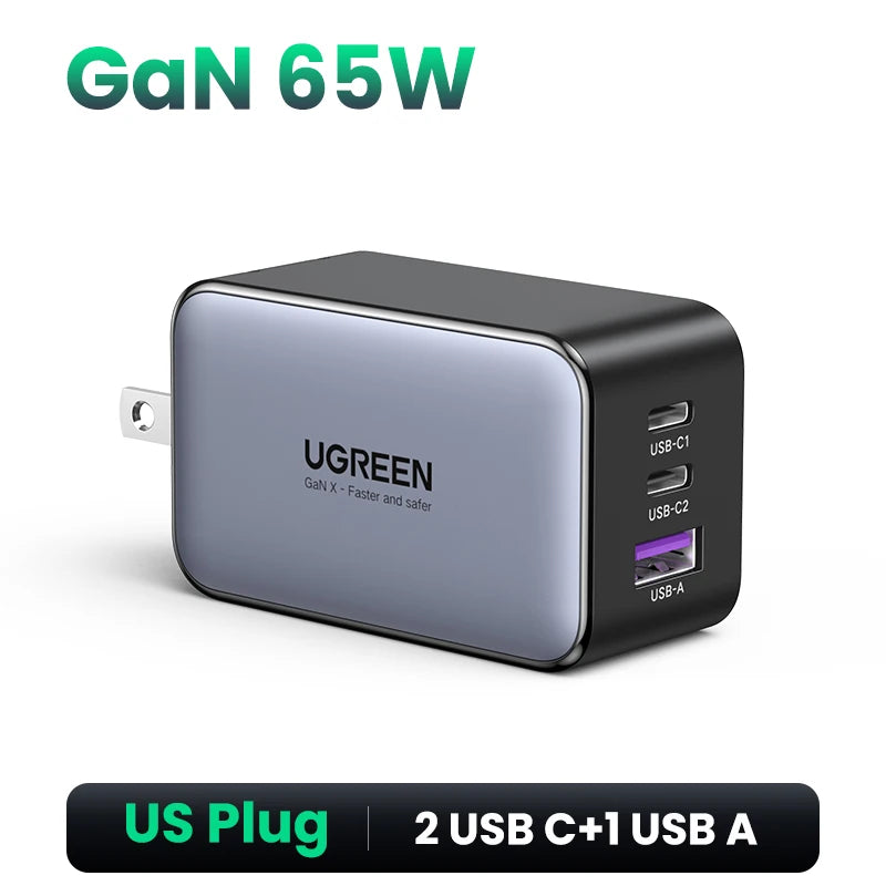 شاحن UGREEN GaN بقوة 65 وات بتقنية الشحن السريع 4.0 3.0 USB C لأجهزة iPhone 16 15 14 Pro Max والكمبيوتر المحمول وMacbook Air والكمبيوتر اللوحي وشاحن PD السريع