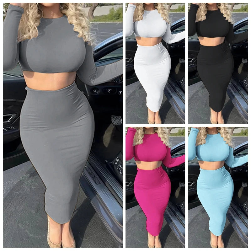 Womens Dress Sets Long Sleeve Crop Tops And Mid Calf Skirt Suit Fashion 2PCS Set Slim Office Lady Autumn Suits Clothing Q2418