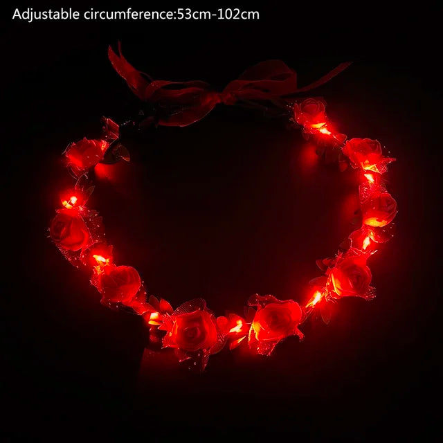 Luminous LED Rose Wreath with Ribbon Artificial Flower Crown Fashion Lighting Girls Women Hairband Birthday Wedding Decoration