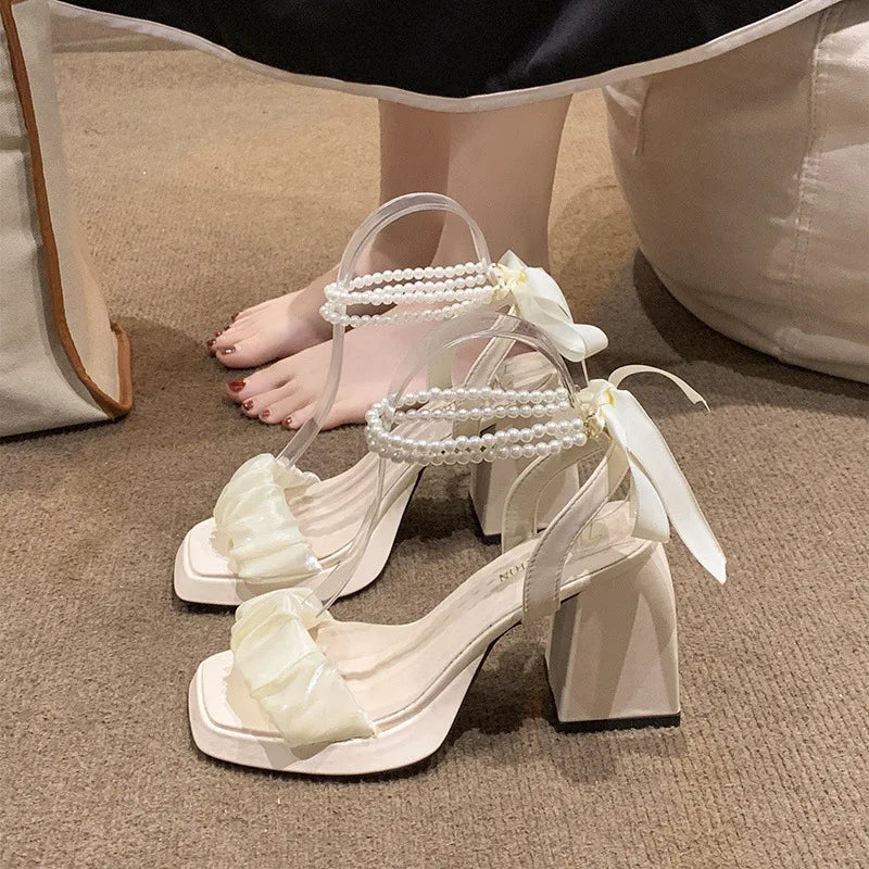 Sandalias for 2024 New Fashion Pearl Sandals Comfortable Shoes Women Female Block Heel Arrival Chunky Sexy Hight Heels