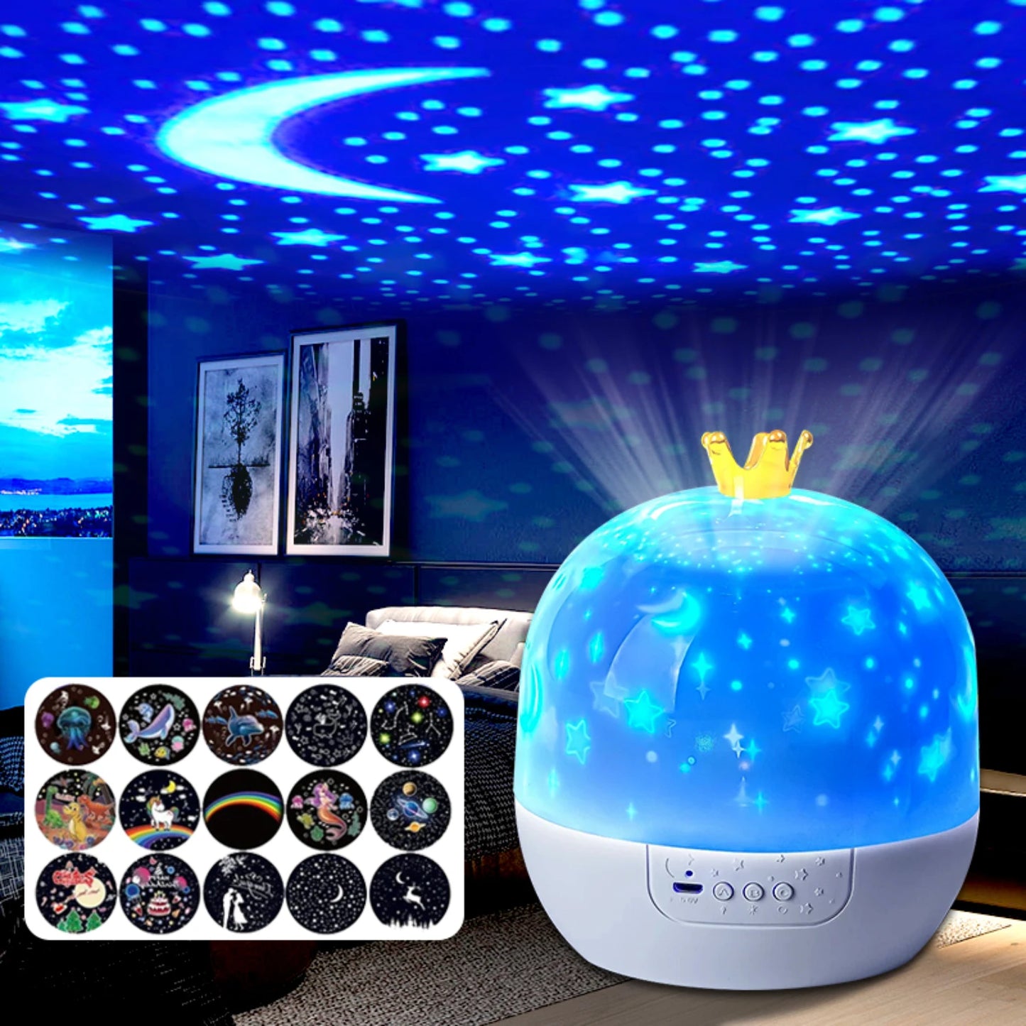 جهاز التحكم عن بعد LED Crown Starry Night Light Projection، إضاءة جو دوارة مع مكبر صوت BT للاحتفال بعيد الميلاد وR