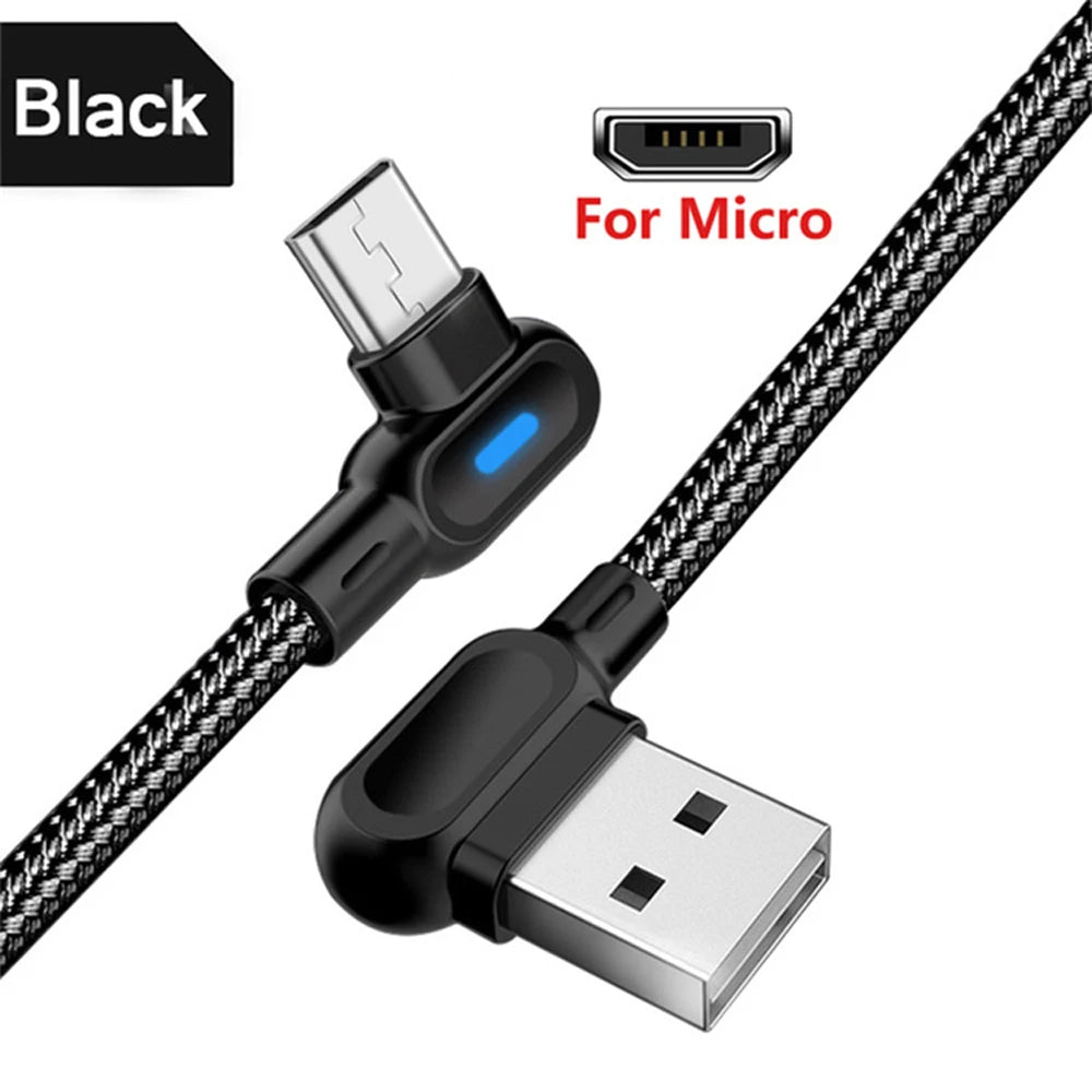 كابل USB من النوع C مزود بإضاءة LED بزاوية 90 درجة وشحن سريع لهاتف iPhone 14 13 Pro Max وSamsung وXiaomi وHuawei وكابل بيانات الشاحن