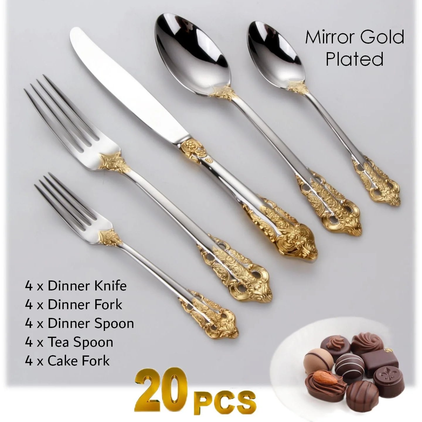 Gorgeous Gold-Plated Cutlery Set 5/10/15/20/25/30 PCS Luxury Stainless Steel Flatware Set Baroque Hollow Handle Dinner Knife