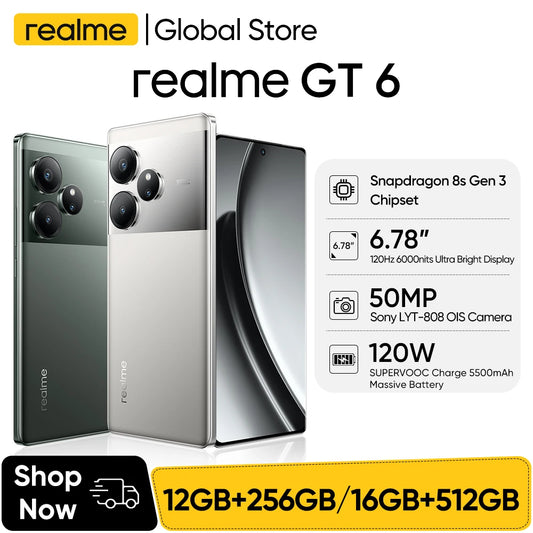 realme GT6 5G 6.78 120Hz 6000nit Display Smartphone Android 14 Next AI Snapdragon 8s Gen 3 Processor 5500mAh 120W Battery NFC