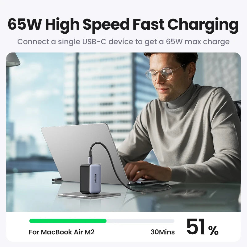 شاحن UGREEN GaN بقوة 65 وات بتقنية الشحن السريع 4.0 3.0 USB C لأجهزة iPhone 16 15 14 Pro Max والكمبيوتر المحمول وMacbook Air والكمبيوتر اللوحي وشاحن PD السريع