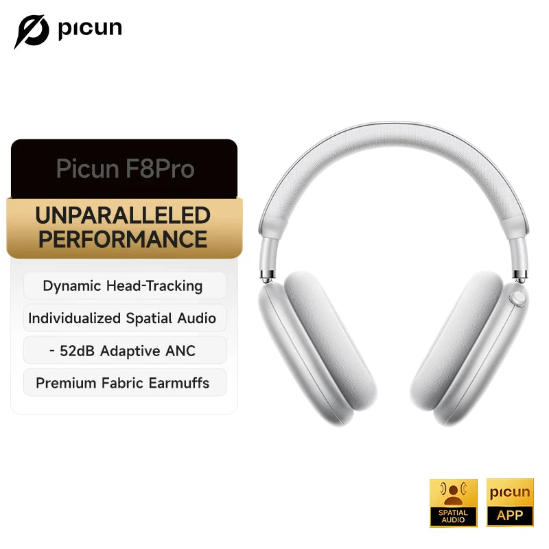 Picun F8 Pro ANC Wireless Headphones Head Tracking 3D Spatial Audio -52dB ANC HIFI Bluetooth Headset ENC HD Mic Low-Latency APP