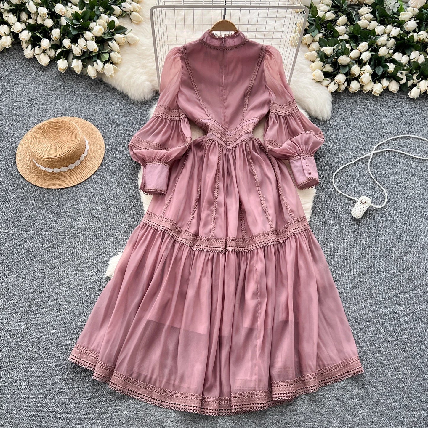 Elegant Long Lantern Sleeve Vintage Stand Collar Chic Lace Spliced Slim Dresses French Evening High Street Autumn Women Clothing