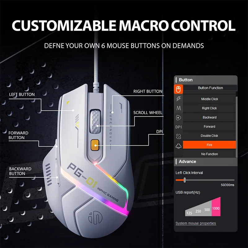 INPHIC PG1 Wired Gaming Mouse Ergonomic E-sports Macro Programming RGB Competitive Peripheral [Hardware Macro +1000 Return Rate]