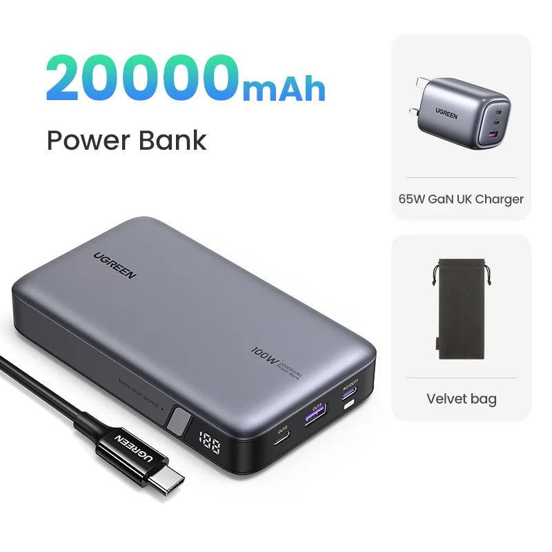 UGREEN 100W 20000mAh Power Bank Portable PD Fast Charging PowerBank for iPhone 15 Laptop Notebook  Fast Charge External Battery