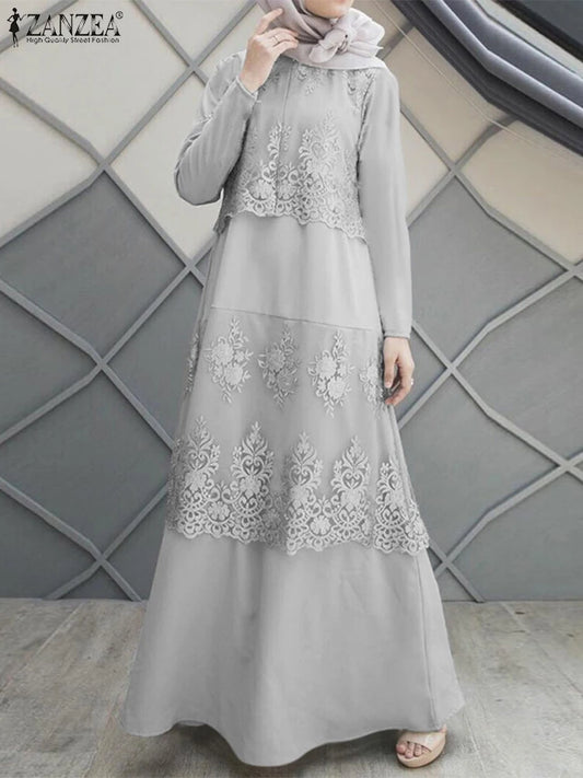 ZANZEA Spring Lace Patchwork Maxi Dresses Muslim Abaya Hijab Dress Women Long Sleeve O Neck IsIamic Robe Vestidos Kaftan 2025