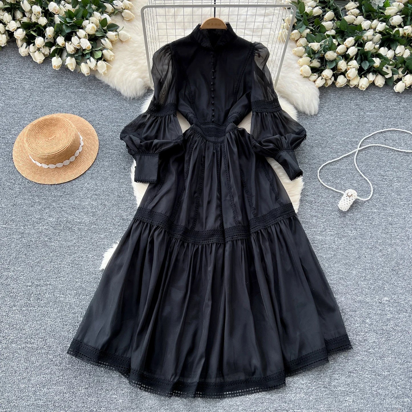 Elegant Long Lantern Sleeve Vintage Stand Collar Chic Lace Spliced Slim Dresses French Evening High Street Autumn Women Clothing