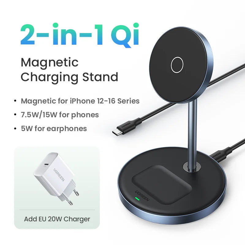 UGREEN Magnetic Wireless Charger Stand 20W Max 2-in-1 Charging Stand For iPhone 15 16 Pro Max/iPhone 14/AirPods Fast Charger