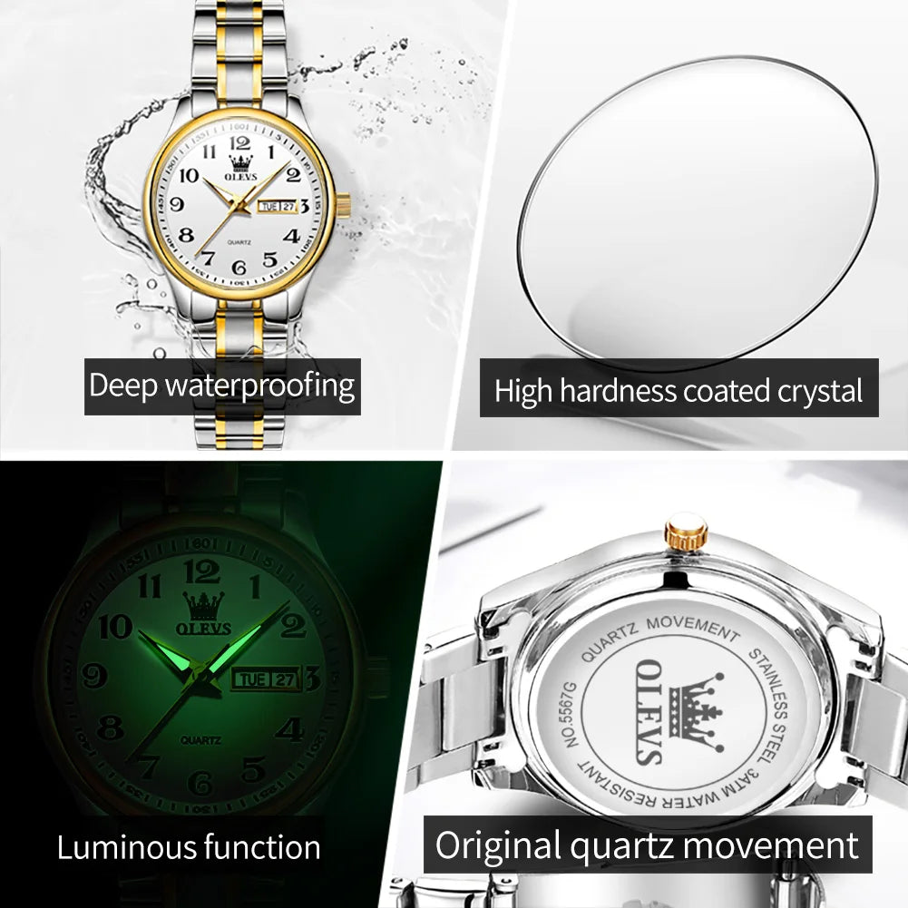 OLEVS Luxury Quartz Watch for Women Elegant Stainless Steel Watch Luminous Waterproof Week Date Wristwatch Ladies Dress Watch