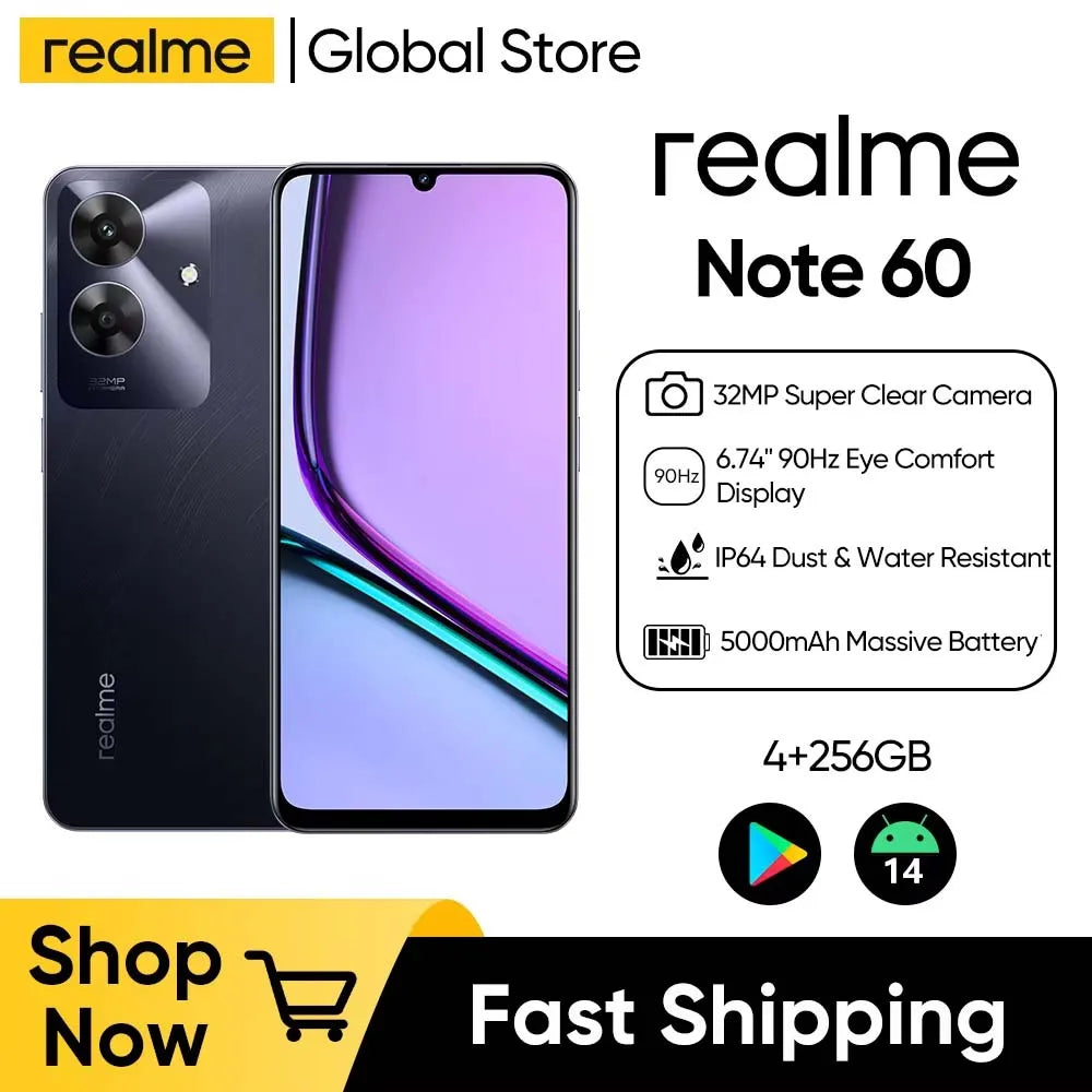 realme Note 60 شاشة 6.74 بوصة 90 هرتز كاميرا فائقة الوضوح بدقة 32 ميجابكسل بطارية 5000 مللي أمبير في الساعة 4 جيجابايت + 256 جيجابايت هاتف ذكي مقاوم للسقوط