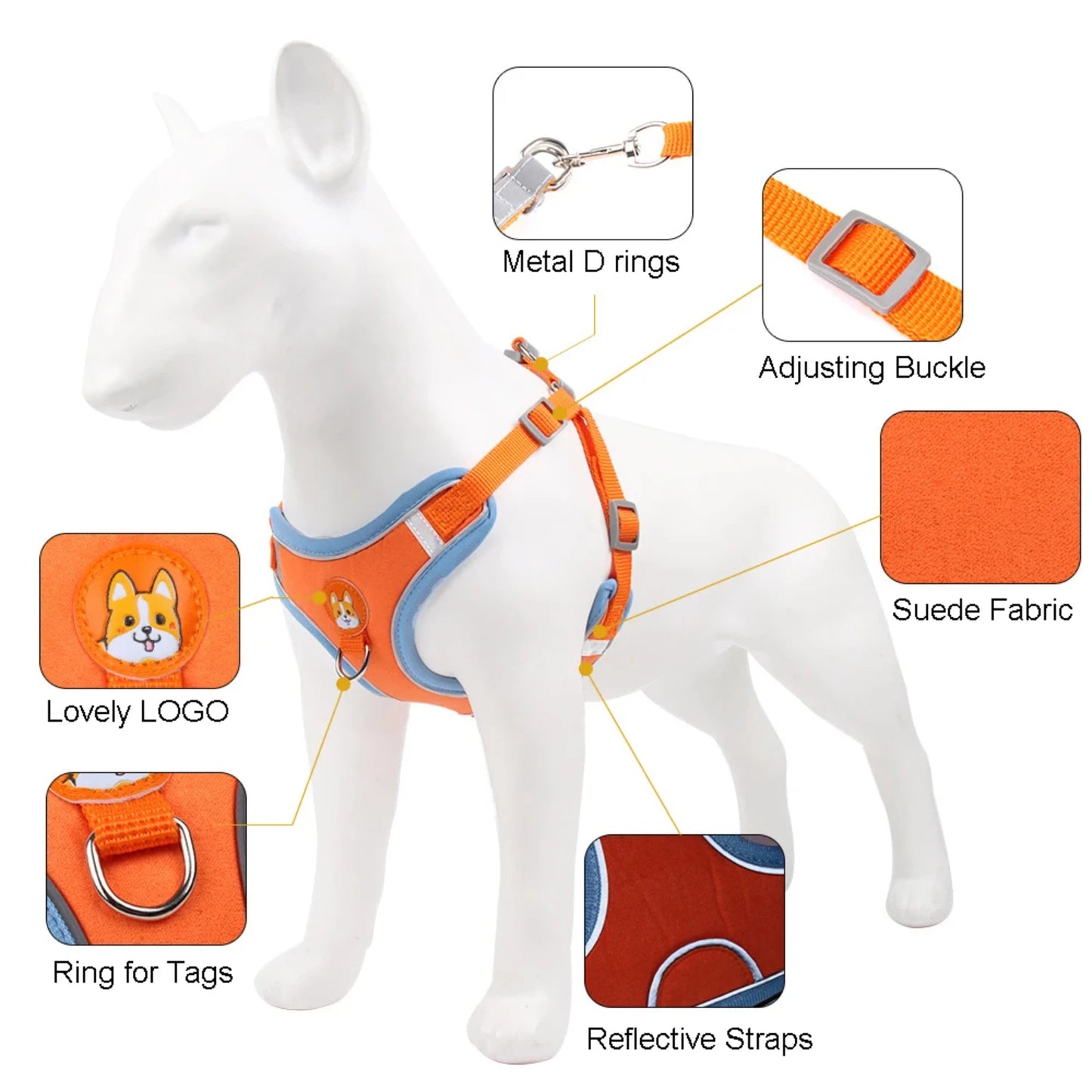 Dog Harness with 1.5m Traction Leash Set  Pull Dog Vest Strap Adjustable Reflective Breathable Harness  Dogs Puppy and Cats Cats