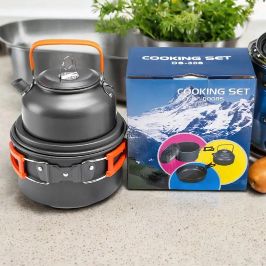 Portable Outdoor Aluminum Cooking Kit Set for 2-8 People - Camping Cookware Pan, Pot, Kettle, and Bowl - BBQ Picnic Hiking Table